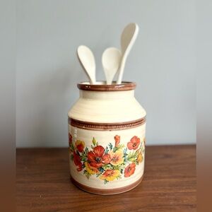 VINTAGE Made in Canada Floral Stoneware Canister -Utensil or Storage Crock